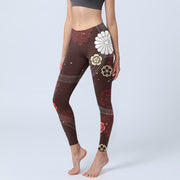 Buddha Stones Reddish-brown Floral Fan-shaped Wave Print Gym Leggings Women's Yoga Pants - SaddleBrown - US18，UK/AU22，EU50 (4XL) - image 1