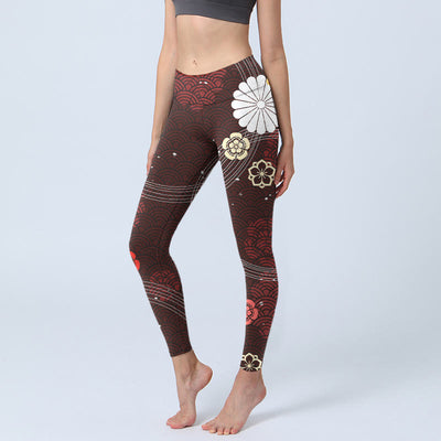 Buddha Stones Reddish-brown Floral Fan-shaped Wave Print Gym Leggings Women's Yoga Pants - SaddleBrown - US18，UK/AU22，EU50 (4XL) - image 1