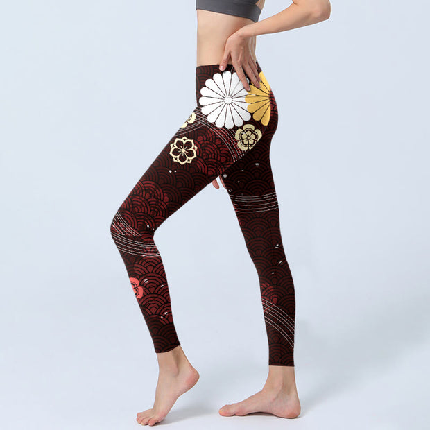 Buddha Stones Reddish-brown Floral Fan-shaped Wave Print Gym Leggings Women's Yoga Pants - image 3