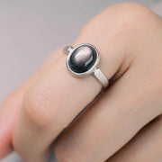 Buddha Stones Natural 925 Sterling Silver Silver Sheen Obsidian Adjustable Protection Ring