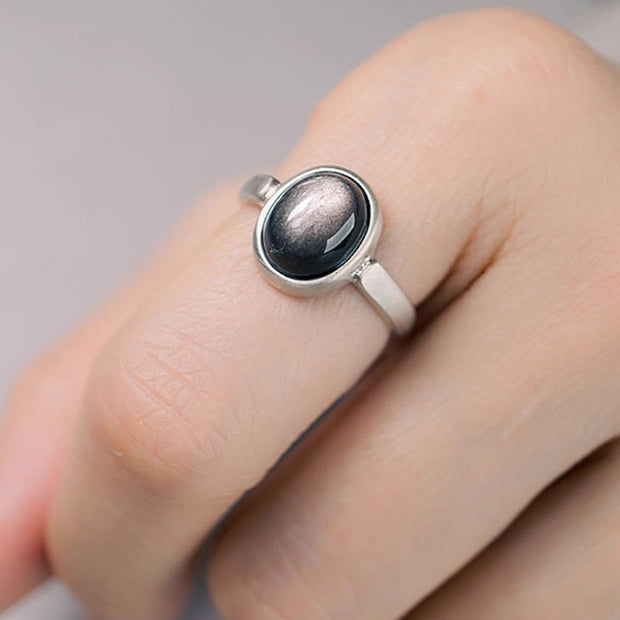 Buddha Stones Natural 925 Sterling Silver Silver Sheen Obsidian Adjustable Protection Ring