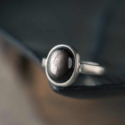 Buddha Stones Natural 925 Sterling Silver Silver Sheen Obsidian Adjustable Protection Ring