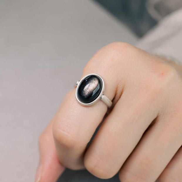 Buddha Stones Natural 925 Sterling Silver Silver Sheen Obsidian Adjustable Protection Ring