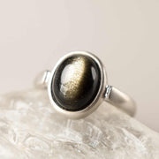 Buddha Stones Natural 925 Sterling Silver Gold Sheen Obsidian Adjustable Wealth Ring