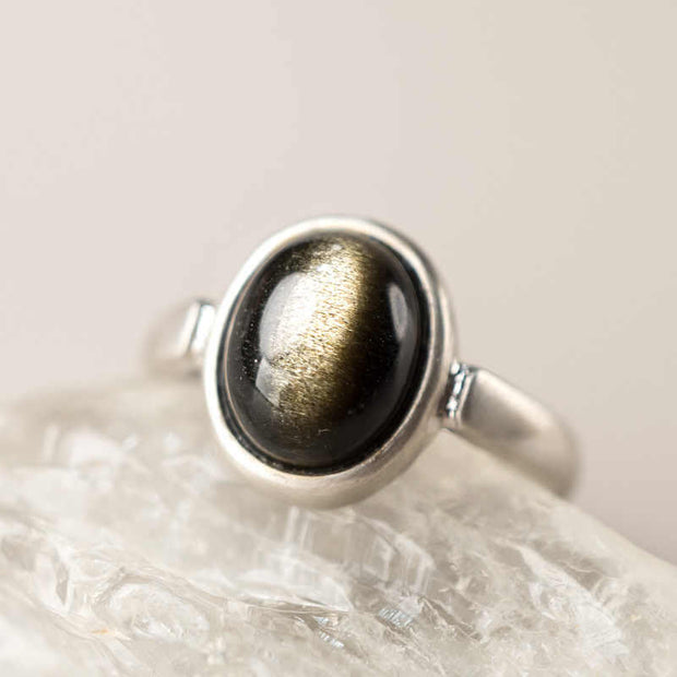 Buddha Stones Natural 925 Sterling Silver Gold Sheen Obsidian Adjustable Wealth Ring