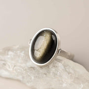 Buddha Stones Natural 925 Sterling Silver Gold Sheen Obsidian Adjustable Wealth Ring
