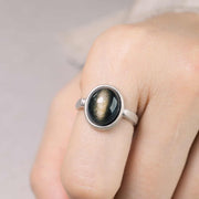 Buddha Stones Natural 925 Sterling Silver Gold Sheen Obsidian Adjustable Wealth Ring