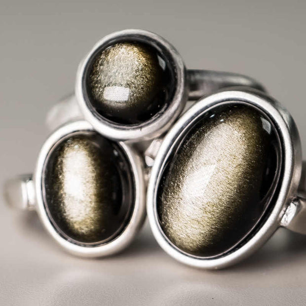 Buddha Stones Natural 925 Sterling Silver Gold Sheen Obsidian Adjustable Wealth Ring