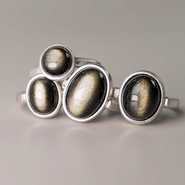Buddha Stones Natural 925 Sterling Silver Gold Sheen Obsidian Adjustable Wealth Ring