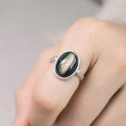 Buddha Stones Natural 925 Sterling Silver Gold Sheen Obsidian Adjustable Wealth Ring