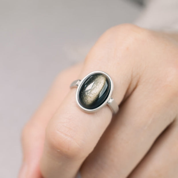 Buddha Stones Natural 925 Sterling Silver Gold Sheen Obsidian Adjustable Wealth Ring