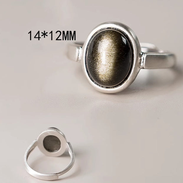 Buddha Stones Natural 925 Sterling Silver Gold Sheen Obsidian Adjustable Wealth Ring