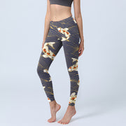 Buddha Stones White Red Koi Fish Ocean Waves Print Gym Leggings Women's Yoga Pants