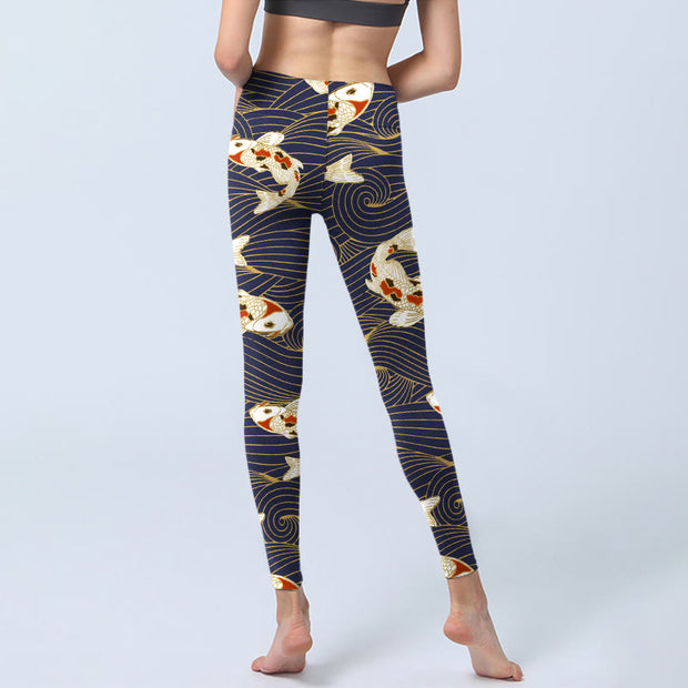 Buddha Stones White Red Koi Fish Ocean Waves Print Gym Leggings Women's Yoga Pants - image 6
