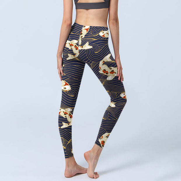 Buddha Stones White Red Koi Fish Ocean Waves Print Gym Leggings Women's Yoga Pants - image 4