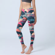 Buddha Stones Colorful Ocean Waves Print Gym Leggings Women's Yoga Pants - PaleVioletRed - US18，UK/AU22，EU50 (4XL) - image 1