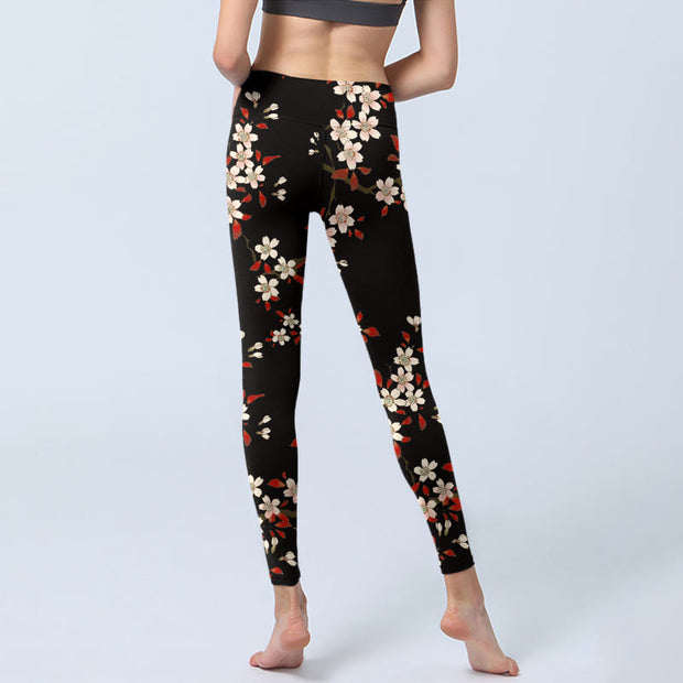 Buddha Stones White Cherry Blossoms Red Leaves Print Gym Leggings Women's Yoga Pants