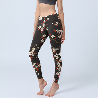 Buddha Stones White Cherry Blossoms Red Leaves Print Gym Leggings Women's Yoga Pants