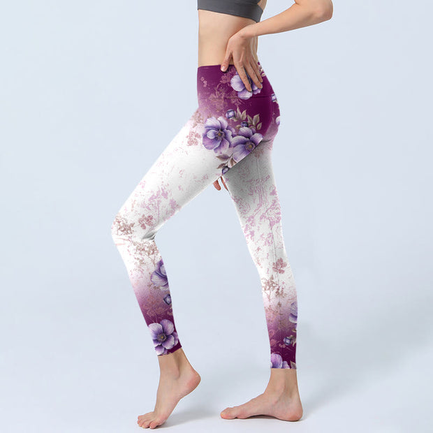 Buddha Stones Purple Floral Print Gym Leggings Women's Yoga Pants - image 3