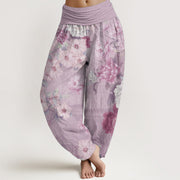 Buddha Stones Pure Cotton Casual Peony Flower Women's Elastic Waist Harem Pants