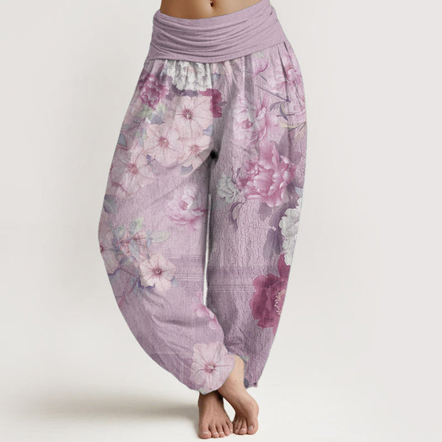 Buddha Stones Pure Cotton Casual Peony Flower Women's Elastic Waist Harem Pants