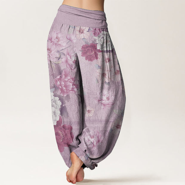 Buddha Stones Pure Cotton Casual Peony Flower Women's Elastic Waist Harem Pants