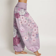 Buddha Stones Pure Cotton Casual Peony Flower Women's Elastic Waist Harem Pants