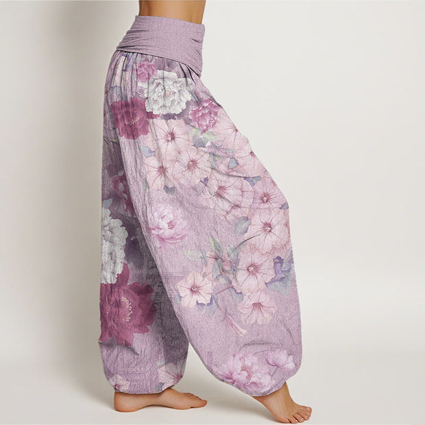 Buddha Stones Pure Cotton Casual Peony Flower Women's Elastic Waist Harem Pants