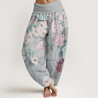 Buddha Stones Pure Cotton Casual Peony Flower Women's Elastic Waist Harem Pants