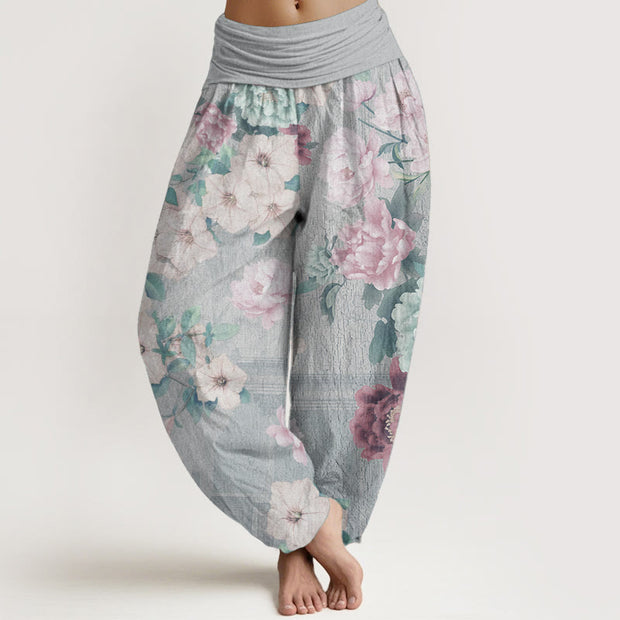 Buddha Stones Pure Cotton Casual Peony Flower Women's Elastic Waist Harem Pants