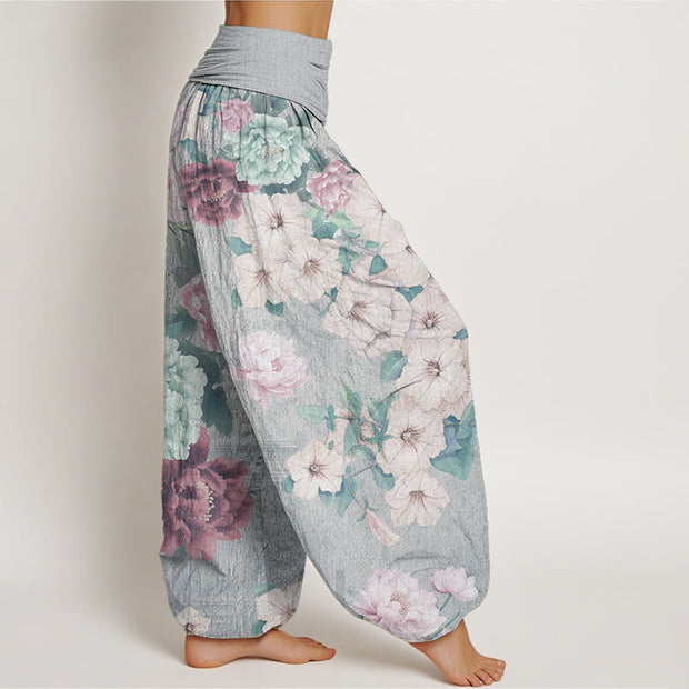 Buddha Stones Pure Cotton Casual Peony Flower Women's Elastic Waist Harem Pants