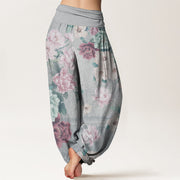 Buddha Stones Pure Cotton Casual Peony Flower Women's Elastic Waist Harem Pants
