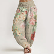 Buddha Stones Pure Cotton Casual Peony Flower Women's Elastic Waist Harem Pants