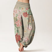 Buddha Stones Pure Cotton Casual Peony Flower Women's Elastic Waist Harem Pants