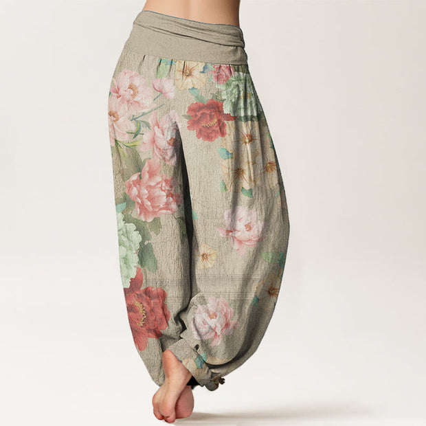 Buddha Stones Pure Cotton Casual Peony Flower Women's Elastic Waist Harem Pants