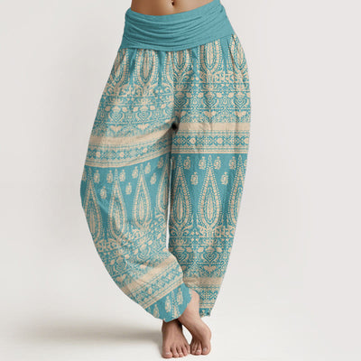 Buddha Stones Pure Cotton Casual Feather Stripes Design Women's Elastic Waist Harem Pants