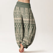 Buddha Stones Pure Cotton Casual Feather Stripes Design Women's Elastic Waist Harem Pants