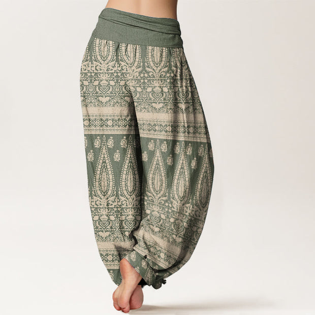 Buddha Stones Pure Cotton Casual Feather Stripes Design Women's Elastic Waist Harem Pants