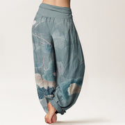 Buddha Stones Pure Cotton Lotus Flowers Leaves Pattern Women's Elastic Waist Harem Pants