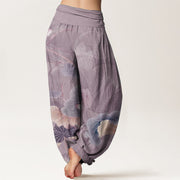 Buddha Stones Pure Cotton Lotus Flowers Leaves Pattern Women's Elastic Waist Harem Pants