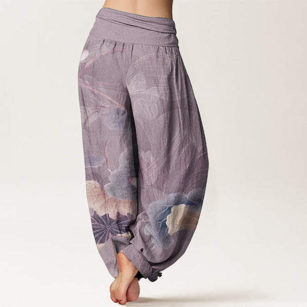 Buddha Stones Pure Cotton Lotus Flowers Leaves Pattern Women's Elastic Waist Harem Pants