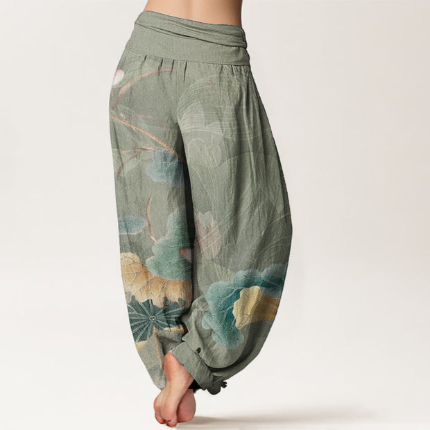 Buddha Stones Pure Cotton Lotus Flowers Leaves Pattern Women's Elastic Waist Harem Pants
