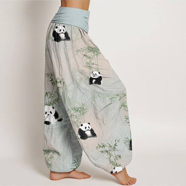 Buddha Stones Pure Cotton Panda Bamboo Pattern Women's Elastic Waist Harem Pants