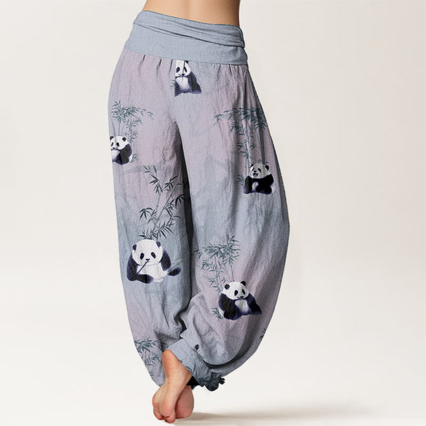 Buddha Stones Pure Cotton Panda Bamboo Pattern Women's Elastic Waist Harem Pants