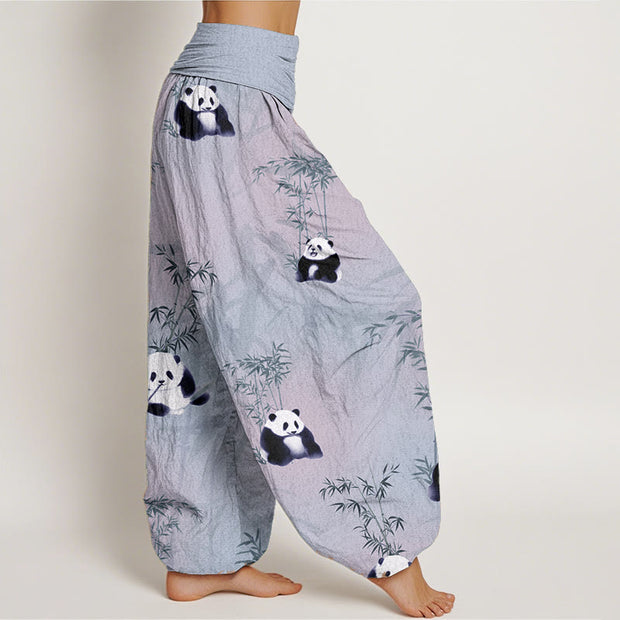 Buddha Stones Pure Cotton Panda Bamboo Pattern Women's Elastic Waist Harem Pants
