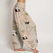 Buddha Stones Pure Cotton Panda Bamboo Pattern Women's Elastic Waist Harem Pants