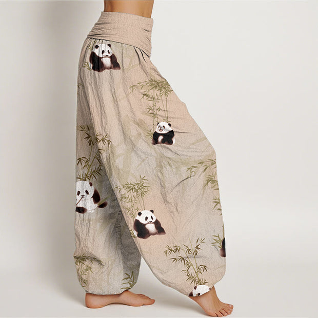 Buddha Stones Pure Cotton Panda Bamboo Pattern Women's Elastic Waist Harem Pants