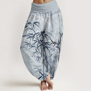 Buddha Stones Pure Cotton Casual Bamboo Leaves Women's Elastic Waist Harem Pants