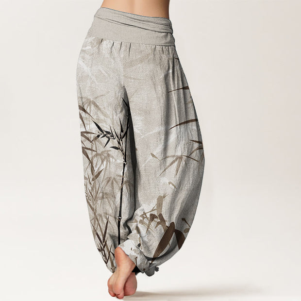 Buddha Stones Pure Cotton Casual Bamboo Leaves Women's Elastic Waist Harem Pants
