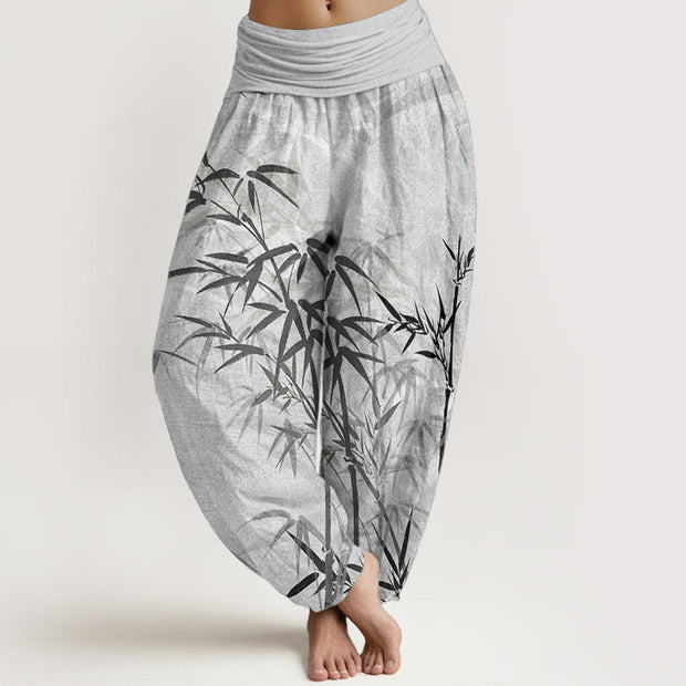 Buddha Stones Pure Cotton Casual Bamboo Leaves Women's Elastic Waist Harem Pants